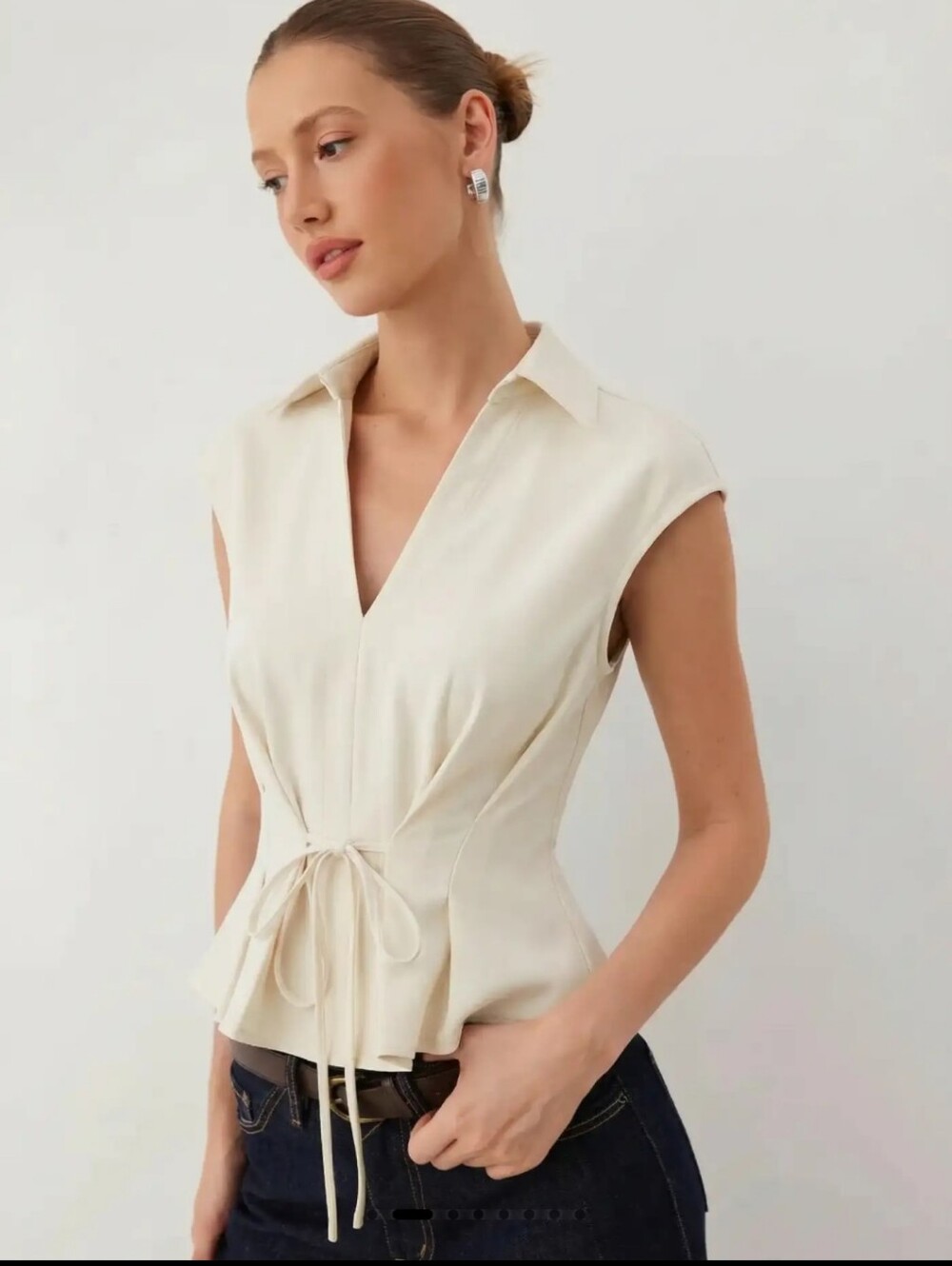 V-Neck Ruched Ruffled Tie-Front Top